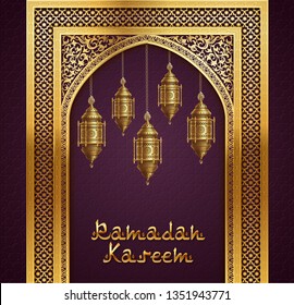 Ramadan Background with golden arch, and golden arabic lanterns, background for holy month of muslim community Ramadan Kareem, EPS 10 contains transparency