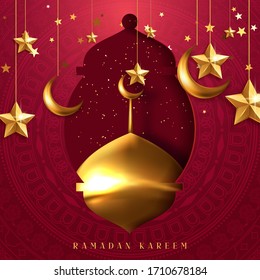 Ramadan background with golden arch and mosque, with golden arabic pattern vector illustration