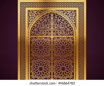 Ramadan background with golden arch, wit closed doors, with golden arabic pattern, background for holy month of muslim community Ramadan Kareem, EPS 10 contains transparency