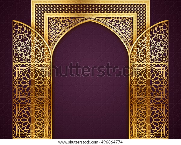 Ramadan background\
with golden arch, wit opened doors, with golden arabic pattern,\
background for holy month of muslim community Ramadan Kareem, EPS\
10 contains\
transparency