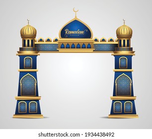 Ramadan background with golden event entrance arch, with golden arabic pattern, background for holy month of muslim community Ramadan Kareem.