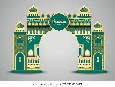 Fondo de Ramadán con arco de entrada al evento dorado, con un patrón árabe dorado, antecedentes para el mes sagrado de la comunidad musulmana Ramadan Kareem.	