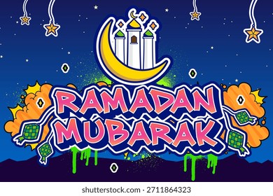 Ramadan background in a graffiti style. Islamic holy month vector illustration wall art design
