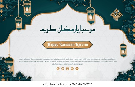 Fondo de Ramadán en diseño blanco y dorado verde con estilo de fondo dibujado a mano y texto árabe significa bienvenida ramadan kareem para la venta de ramadan diseño de publicidad