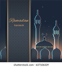 Ramadan background greeting card with mosque and text Ramadan Kareem. Vector illustration