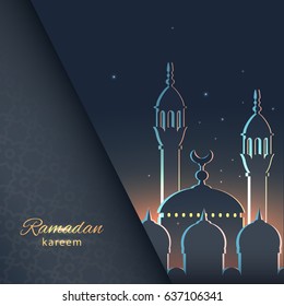 Ramadan background greeting card with mosque and text Ramadan Kareem. Vector illustration