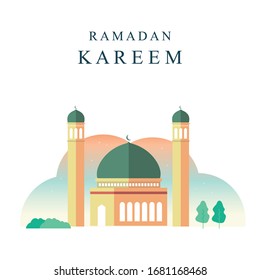 Ramadan Background with Holy Mosque. Ramadan Kareem Simple Flat Design.