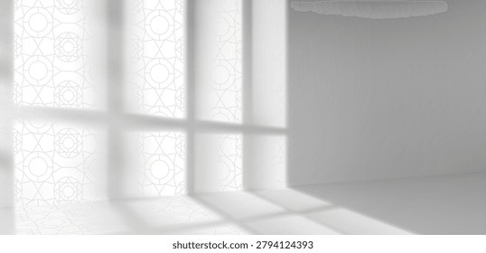 Ramadan background with islamic arabesque pattern shadows on white wall, realistic vector illustration. 3d room studio podium with elegant overlay texture for muslim product display and festive design