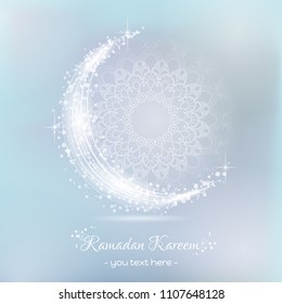 Ramadan Background islamic crescent and arabic pattern. Shining moon on light background. Beautiful holy festival eid and ramadan background. Oriental pattern, Islam, Arabic, Indian motifs