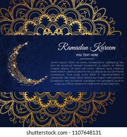 Ramadan Background islamic crescent and arabic pattern. Shining moon on dark background. Beautiful holy festival eid and ramadan background. Oriental pattern, Islam, Arabic, Indian motifs