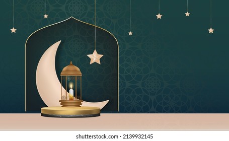 Ramadan background Islamic Podium with Traditional islamic lantern with Crescent moon,Star hanging on green wall, Vector Religion of Muslim Symbolic,Eid al fitr, Ramadan Kareem,Eid al Adha,Eid Mubarak