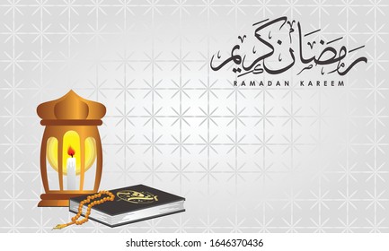 Ramadan background with ramadan kareem caligraphy, black koran and lantern on gradien background.