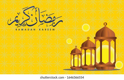 Ramadan Background With Ramadan Kareem Caligraphy And Lantern On Yellow Gradien Background.