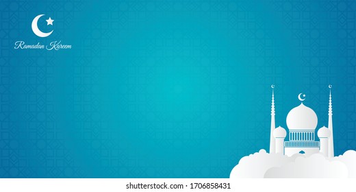 Ramadan background. Ramadan kareem presentation background with copy space. Vector illustration with mosque and moon, place for text greeting card and banner. Modern blue tosca white trendy ramadan