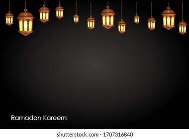 Ramadan background with Ramadan kareem writing and a collection of lanterns
