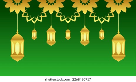 Fondo de Ramadán con linterna y media luna de estrellas para diseño islámico. Luminoso elemento de fondo verde con adorno dorado para el desain gráfico ramadan saludo en la cultura musulmana y la religión islámica