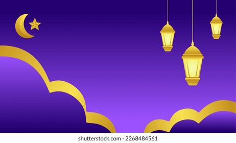 Fondo de Ramadán con linterna y media luna de estrellas para diseño islámico. Brillante elemento de fondo morado con adorno dorado para el desain gráfico ramadan saludo en la cultura musulmana y la religión islámica
