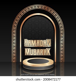 Fondo de Ramadán con temas de lujo, escenario 3d con adornos de cúpula o ventanas de mezquita en negro y oro. plantilla islámica.