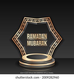Ramadan Hintergrund mit Luxusthemen, 3D-Bühne mit Kuppelverzierungen oder Moschee-Fenstern in Schwarz und Gold. islamische Vorlage.
