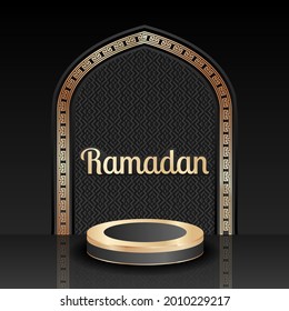 Ramadan background with luxury themes, 3d stage with dome ornaments or mosque windows in black and gold. islamic template.