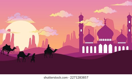 ramadan background, a man rides a camel in the desert towards the mosque during the sunset of the fasting month