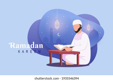 Ramadan background with a moslem male reading the koran with mosque illustration