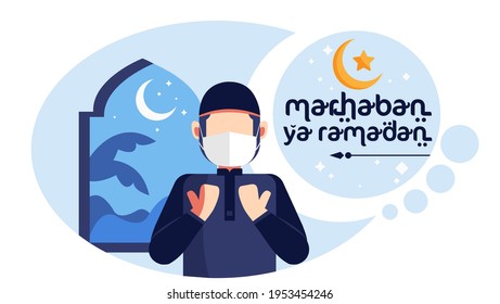 Ramadan background with moslem male say marhaban ya ramadhan