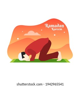 Ramadan Background with Moslem Prayer Illustration. Good Used for Islamic Poster, Banner, Flyer, Etc - EPS 10 Vector