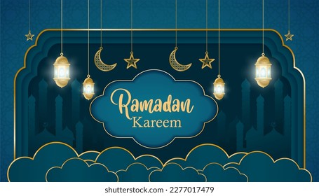 Ramadan background with mosque silhouette lanterns and other Islamic accessories