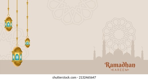 Ramadan background, with mosque silhouettes, ornaments and lanterns, good for banners etc