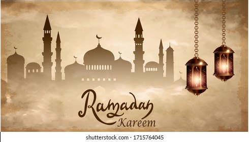 Ramadan Background with mosque in sky, and golden arabic lanterns.