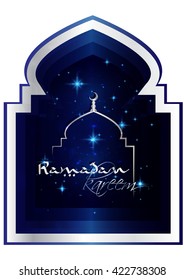 Ramadan Background mosque window with arabic arabesque pattern paper cutout, with arabic calligraphy and mosque silhouette. Greeting card or wallpaper background.