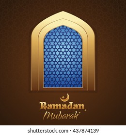 Ramadan background mosque window with arabic pattern. Greeting inscription - Ramadan Mubarak. Ramadan greeting card. Vector illustration