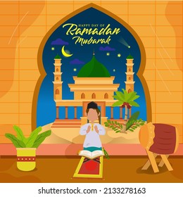 Ramadan background with  Muslim praying with mosque illustration. Holly night Ramadan scene