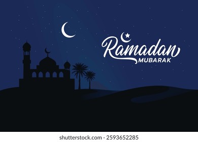 Ramadan background with night view of a mosque silhouette in the desert. It is good for greeting card, Islamic religious celebrations, such as Ramadan, Eid al Fitr, Eid al Adha, etc.
