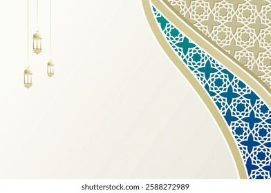 Ramadan Background with ornament arabic pattern and gradient blue color. Islamic celebration template with copy space.