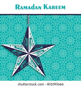 Ramadan background with ornamental star. "Kareem" means generous. Geometric pattern in design of arabesque as a wallpaper. Great for background, greeting card, invitation, banner, poster, etc. Vector