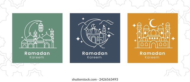 ramadan background set islamic design template with minimalist icon line mosque for ramadan social media post, flyer, banner and islamic celebration holidays poster