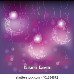 Ramadan background. Shiny colorful Ramadan Kareem texture with decorative Crescent and stars, bokeh effect. Decoration for greeting card for muslim community. Abstract arabic backdrop, vector illustration