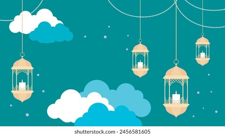 Ramadan Background with Silhouette of Crescent Moon, Lantern, and Copy Space Area