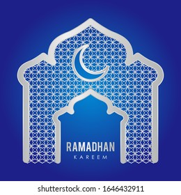 Ramadan background with silver gate and mounth on silverwhite background