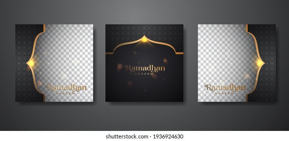 Ramadan background for social media post design template. Islamic banner ad with luxury black gold effect. Editable photo space for content or tag. Vector illustration.