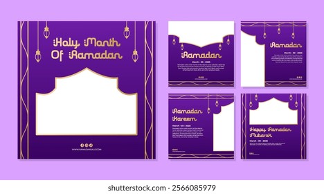 Ramadan background social media post template Islamic banner with luxury purple gold effect