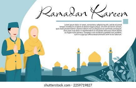 ramadan background template for advertisement, promotion, and banner with illustration of muslim character give greeting and islamic mosque