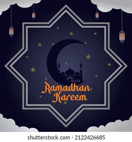 RAMADA-Hintergrunddesign mit Mond und Moschee Silhouette.Geeignet für Vorlagengrußkarten, Social-Media-Inhalte, Unternehmen, etc.