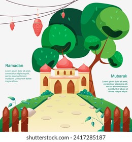 Plantilla de fondo de Ramadán ramadan kareem con mezquita y linterna