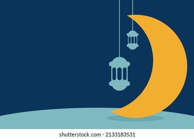 Ramadan Background Template with Silhouette of Crescent Moon, Lantern, and Copy Space Area