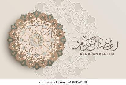 Ramadan-Hintergrund mit traditionellem Rundornament (Arabeske) und arabischer Kalligraphie. Übersetzung: Großzügiger Ramadan. Vektorgrafik.