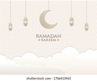 Ramadan background vector with moon clouds and lanterns with soft colors