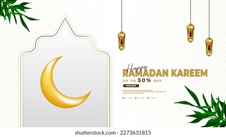 Ramadan-Hintergrund ist weiß und gold, mit Laterne, Blatt- und Mondelementen, geeignet für Aktivitäten auf islamischem Hintergrund